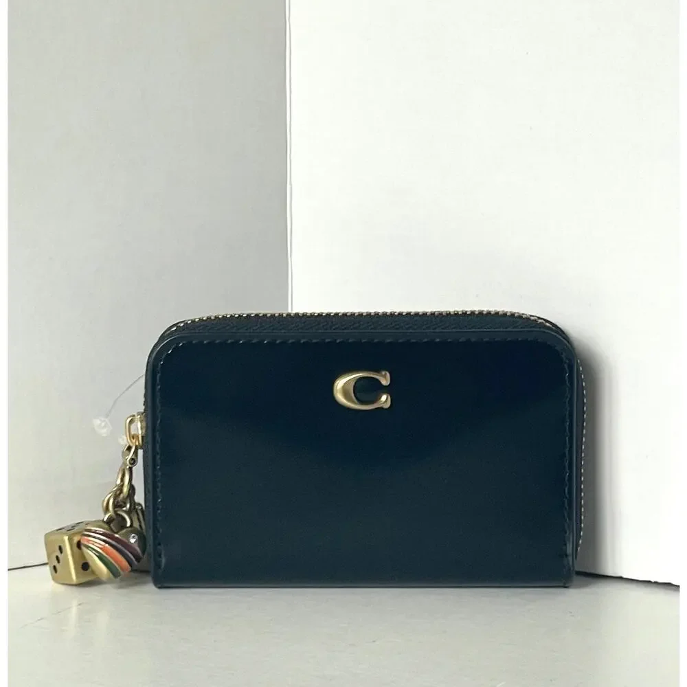Coach Essential Small Zip Around Wallet Black Spazzolato Leather Charms CCD82